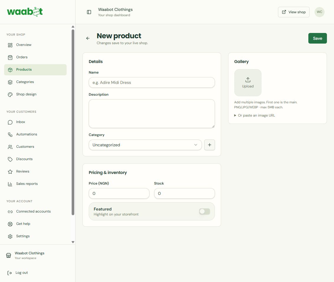 Waabot product form with name and description fields, pricing, stock and gallery