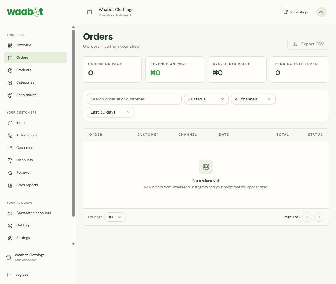 Waabot Orders dashboard showing search and status, channel and date filters