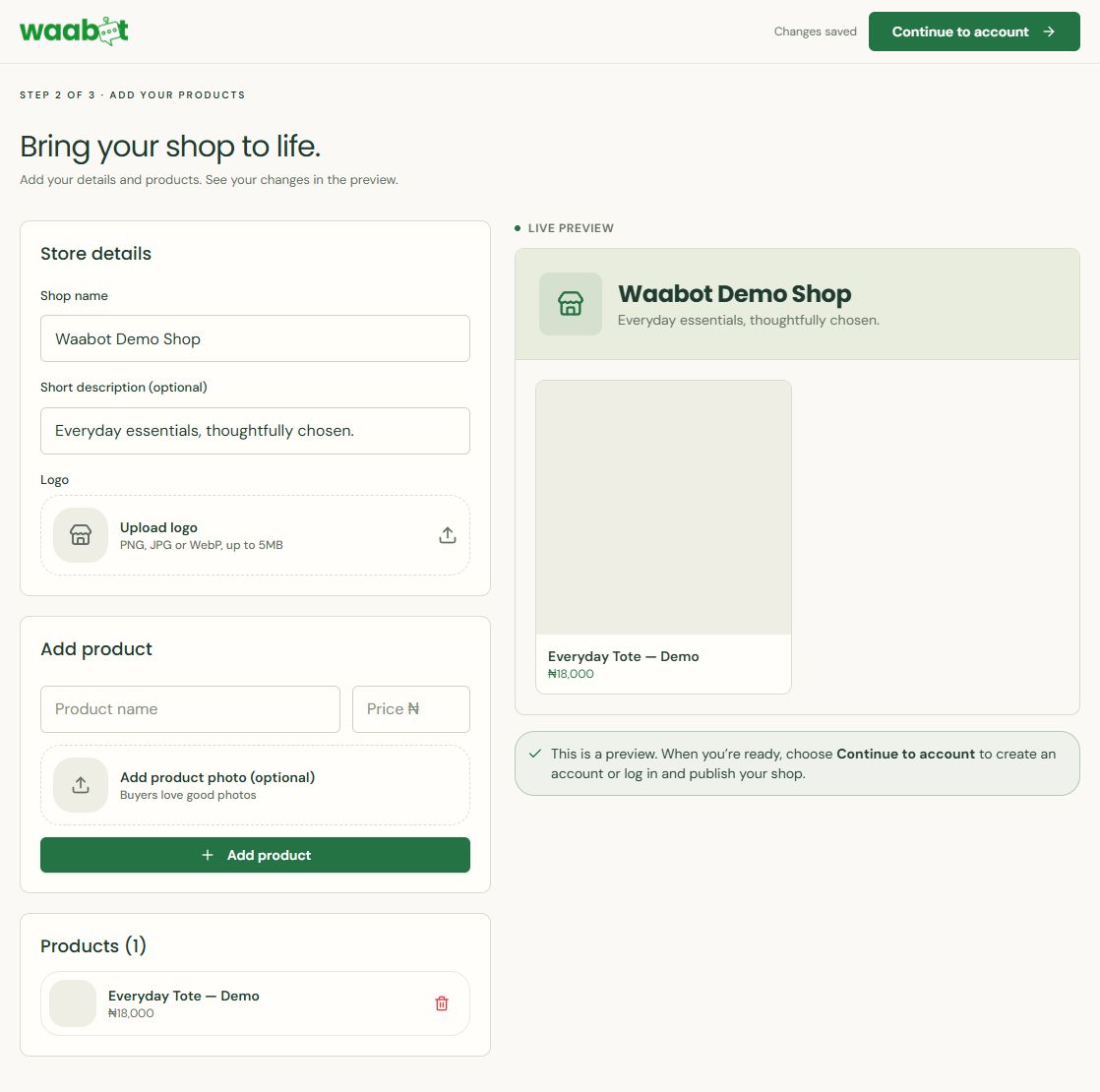 Waabot shop setup preview using a clearly labelled demo item